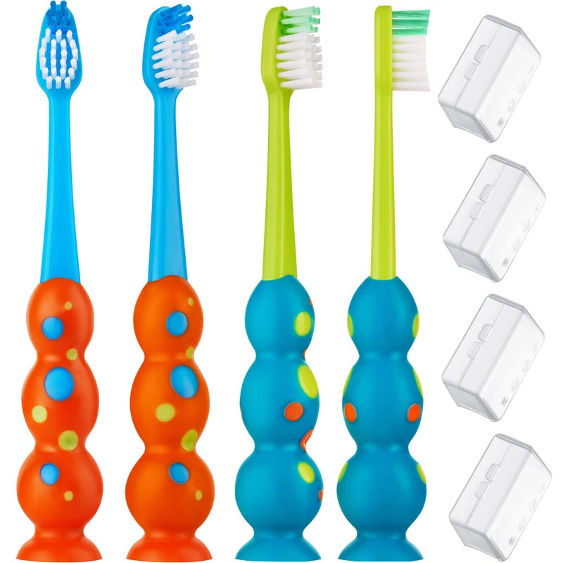 Trueocity Kids Toothbrush 4 Pack - Soft Contoured Bristles - Child Sized Brush Heads (3-10 Year Old) - Suction Cup for Fun & Easy Storage - Girl & Boy Set (Blue & Orange) - Image 1